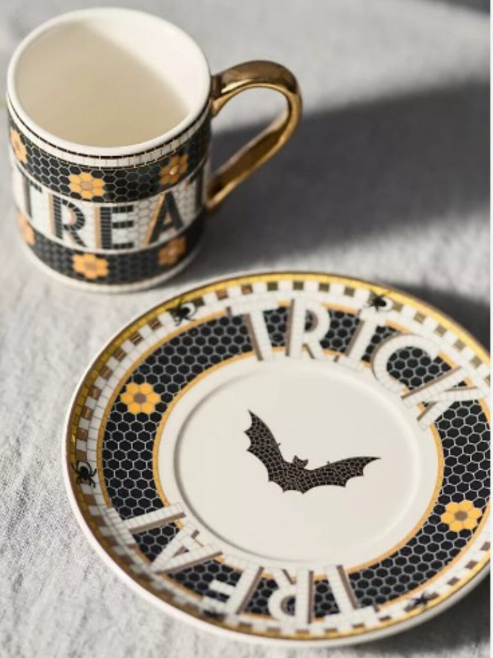 Anthropologie Bistro Tile Stoneware Espresso Cup: Halloween Edition - Bat - NWT
